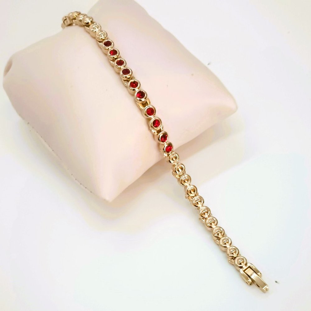 Gold Ruby Red Tennis Bracelet 7.5" Women's with Clear Round Stones Jewe;ry